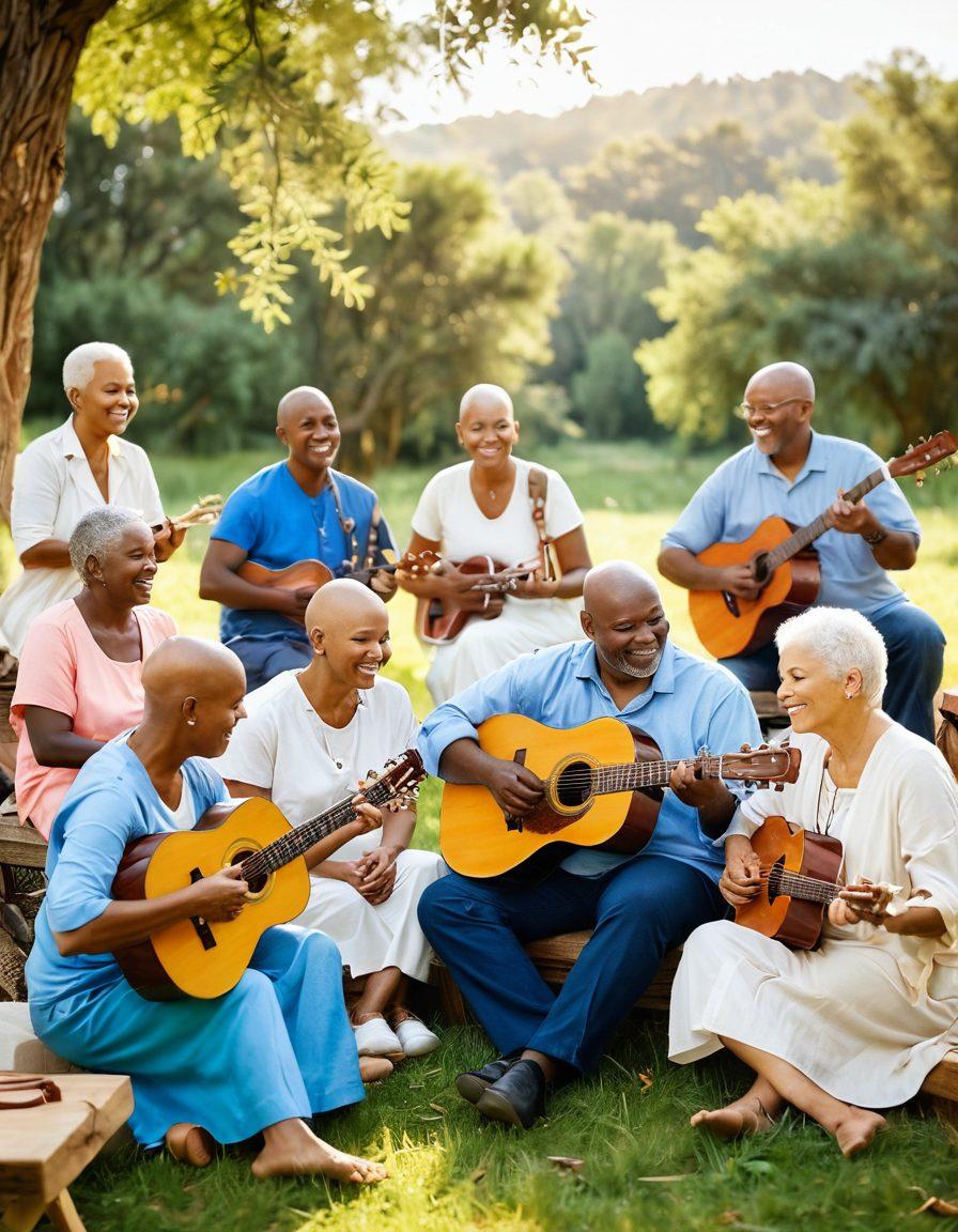 A serene scene of a diverse group of cancer survivors engaged in a music therapy session, surrounded by soft, warm light. They are playing various instruments and sharing smiles, embodying a sense of unity and healing. Musical notes visually float around them, symbolizing the uplifting power of music. The background features a tranquil nature landscape to enhance the theme of harmony. vibrant colors. super-realistic.