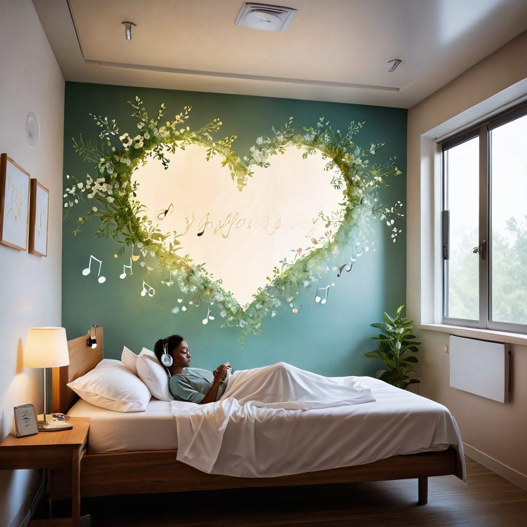 A serene hospital room adorned with soft, ambient lighting, featuring a patient in a bed listening to soothing music through headphones, surrounded by floating musical notes that transform into healing symbols like hearts and flowers. The walls show subtle hints of nature, symbolizing tranquility and recovery. Illustrate a sense of calm and hope, emphasizing the connection between music and wellness. vibrant colors. super-realistic. soft focus.